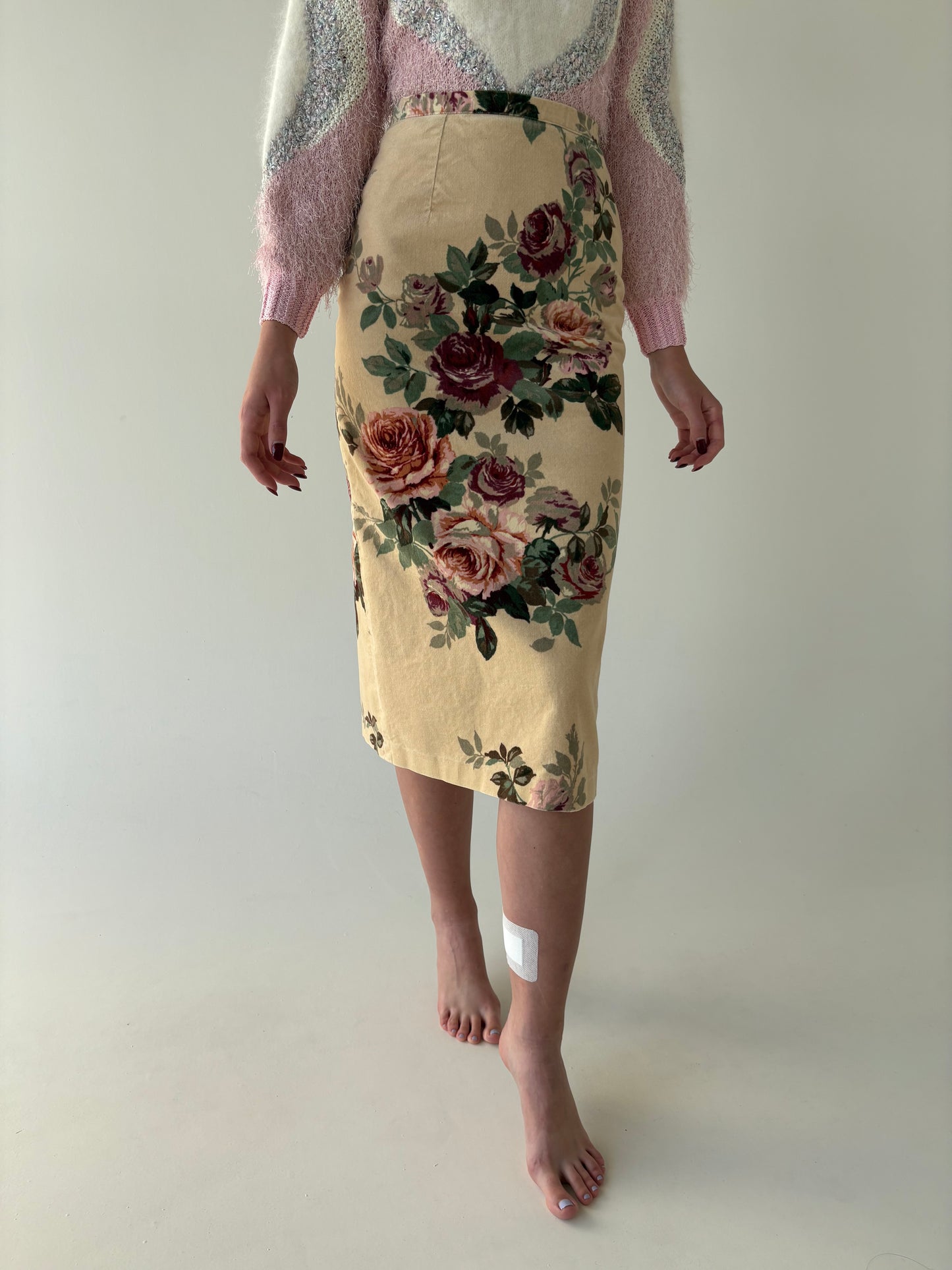 Fustă camel din catifea conică cu talie ultra înaltă și print floral superb