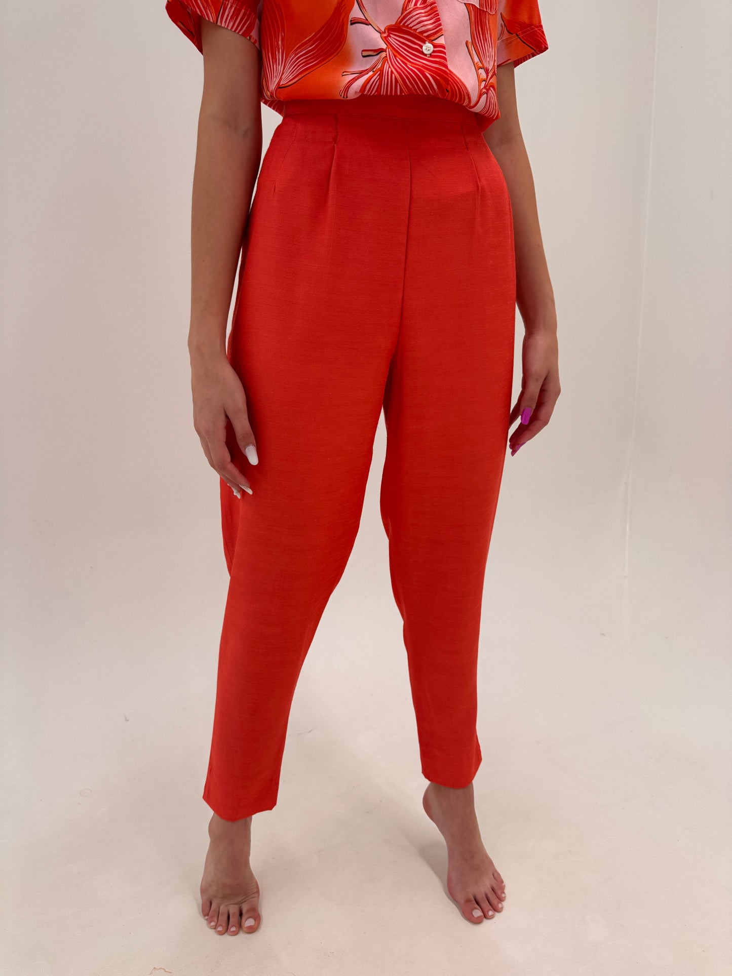 Pantaloni vintage țigaretă tall cu talie ultra înaltă marcată din pânză de in