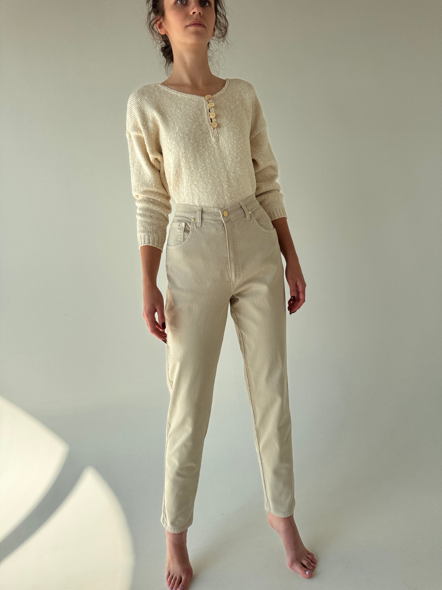 Jeans vintage confort light nude modelatori cu feronerie aurie