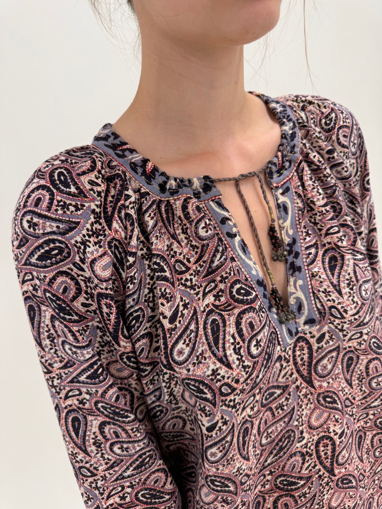 Tunica cu print paisley din panzica cu inserții extrafine de lurex rose gold