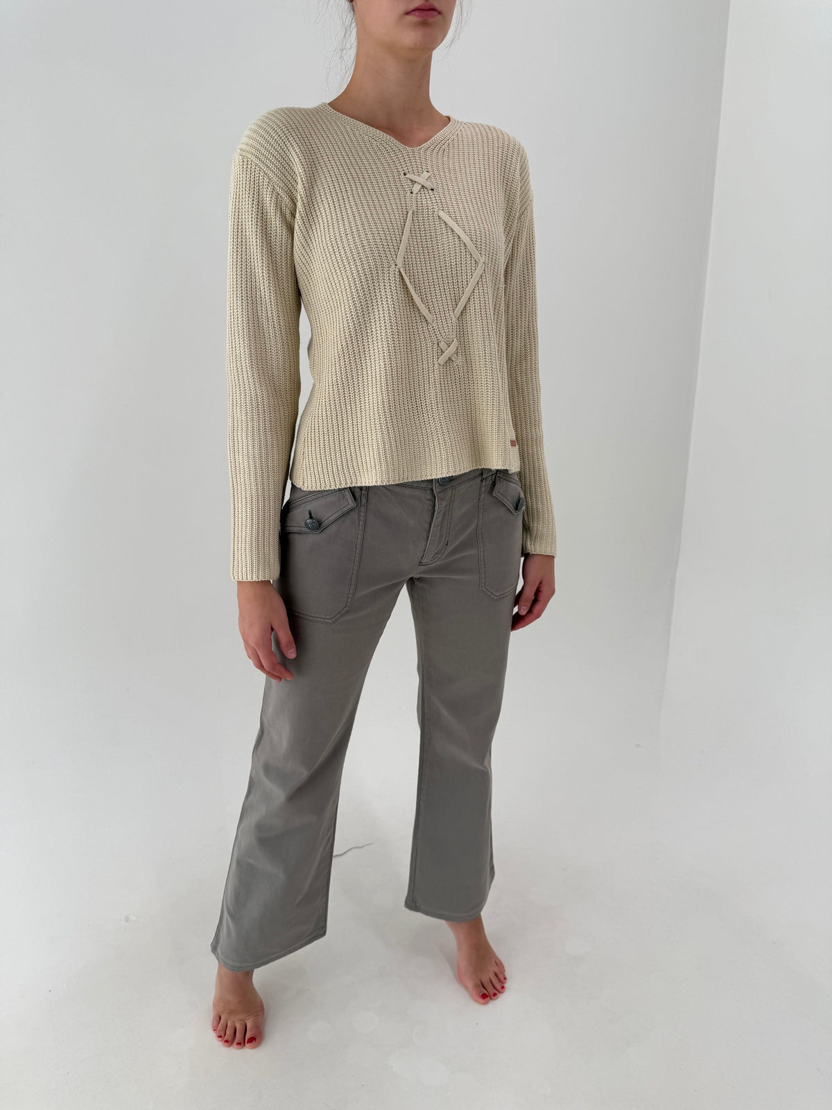 Pantaloni Max Mara bootcut light taupe din bumbac gros modelator