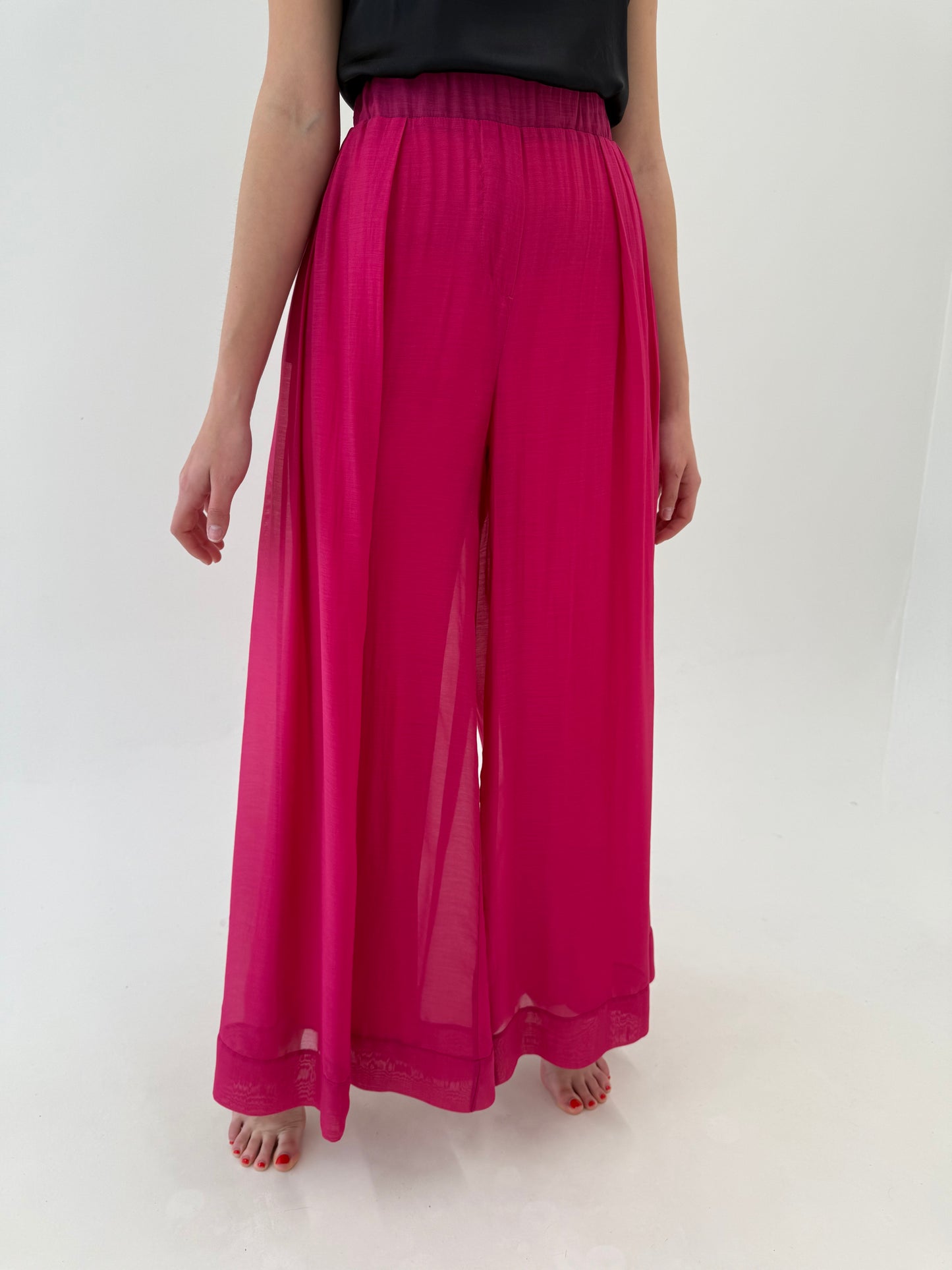 Pantaloni palazzo fucsia super vaporoși tall cu talie ultra înaltă