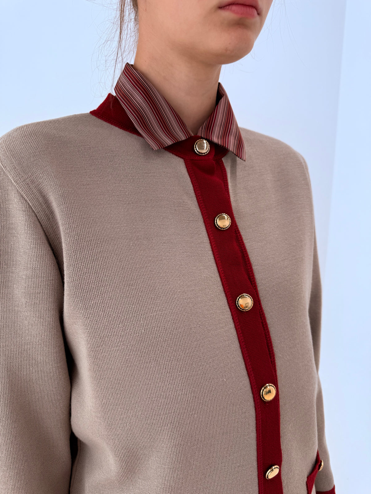 Set vintage în stil Chanel din lana extrafina și bumbac grej cu brick red