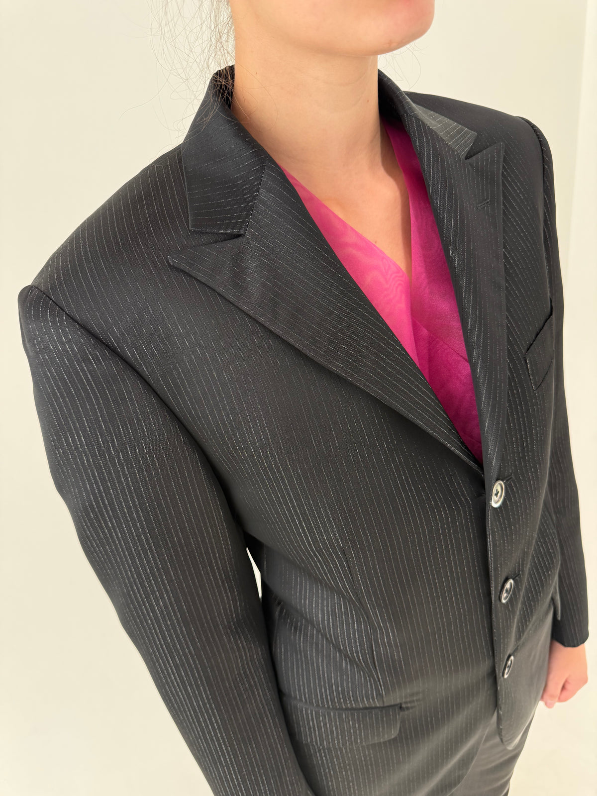 Costum elegant negru de brand luxury Italian Renato Balestra din lana satinata