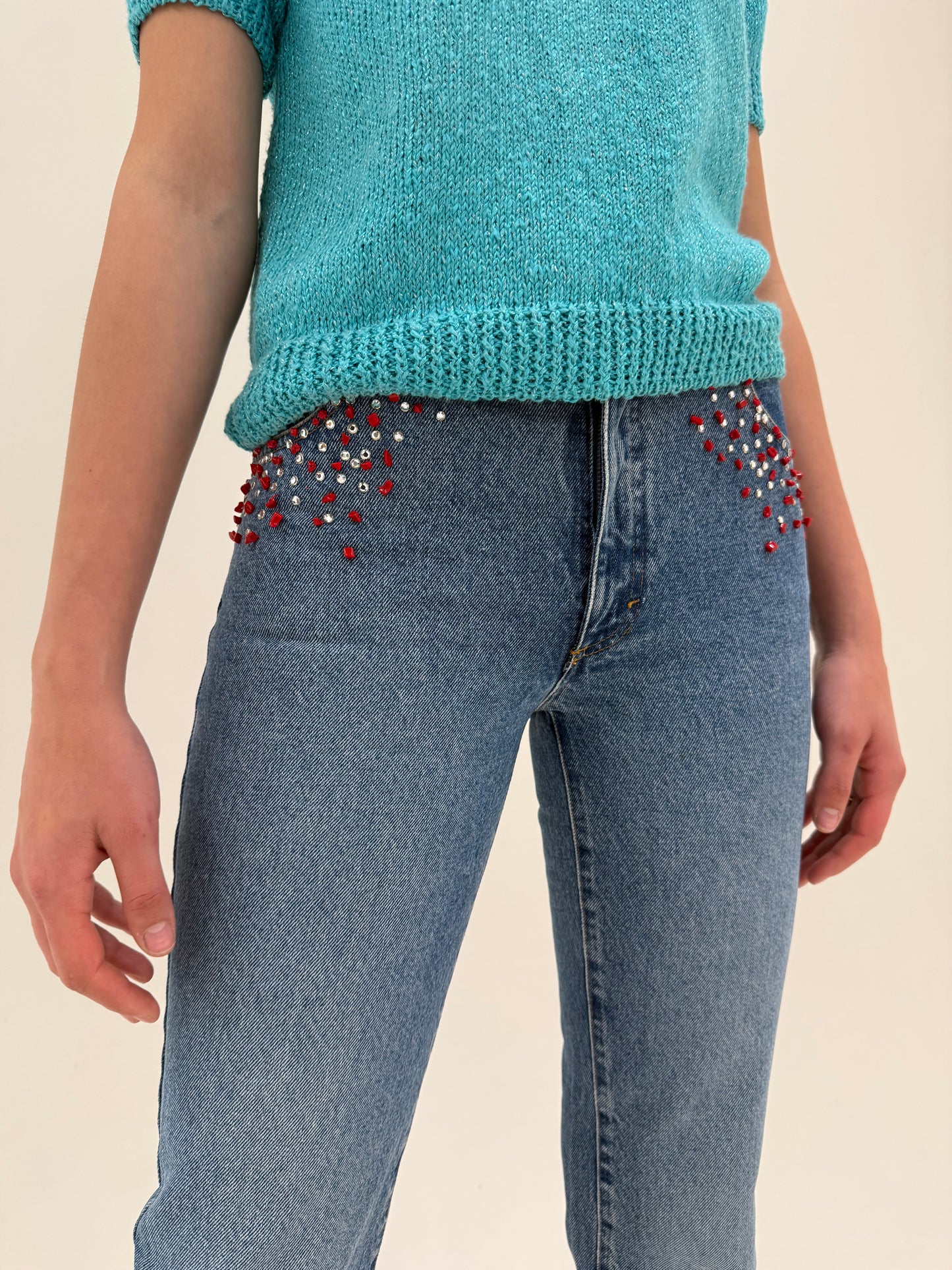Jeans vintage petite Blumarine de vară cu aplicații în croi super revenit în trend