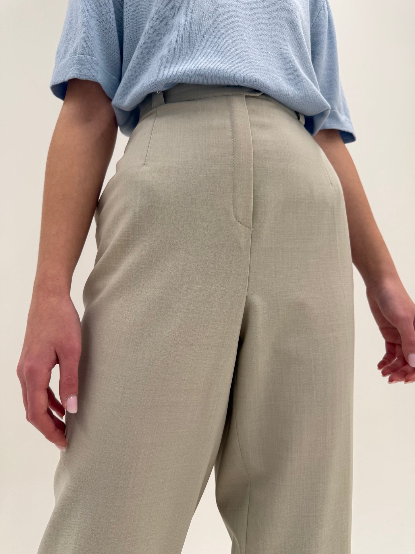 Pantaloni light nude din lana extrafina confort cu talie înaltă elastică