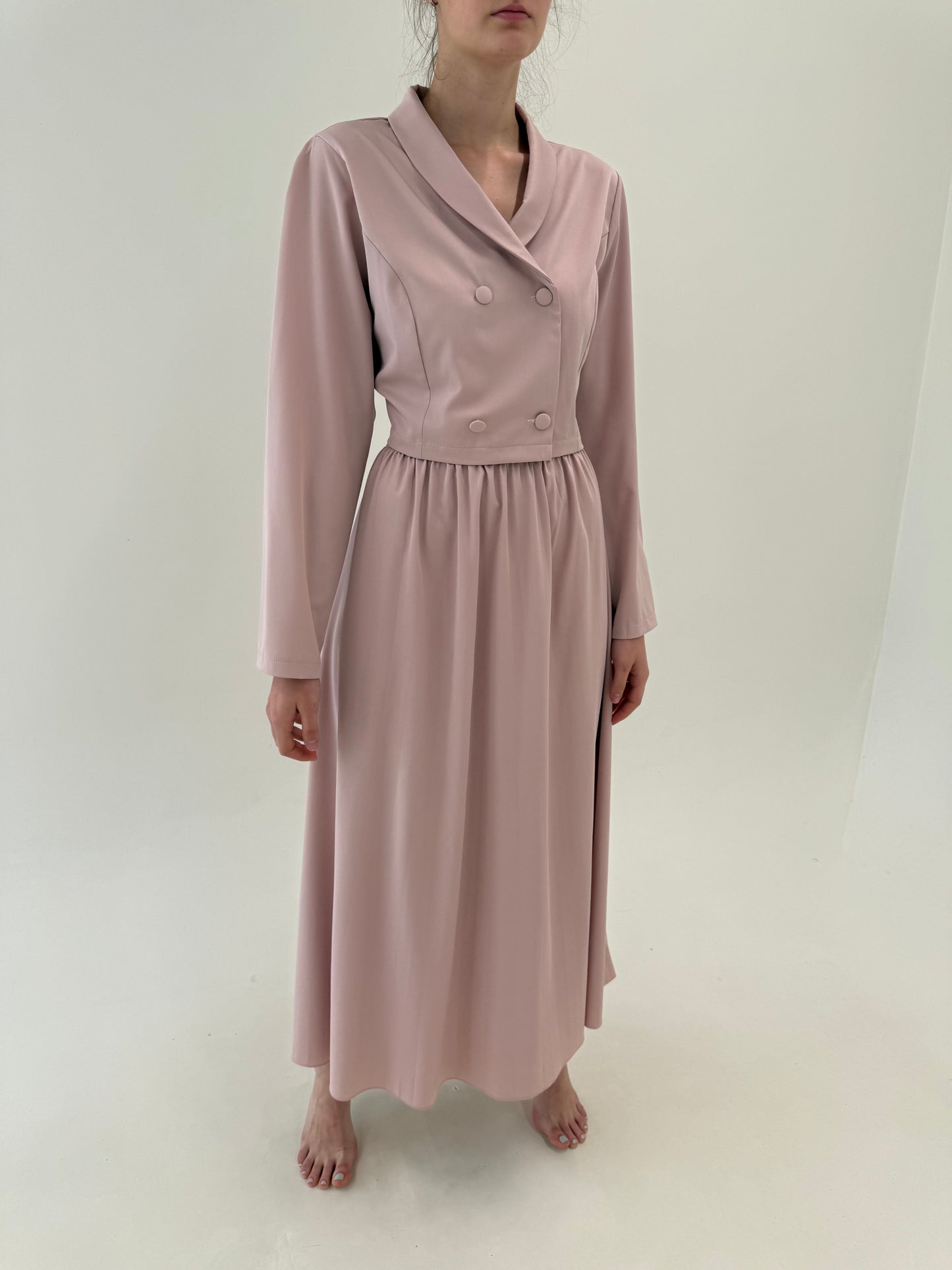 Deux piece vintage powder Pink cu fustă maxi și sacou cambrat