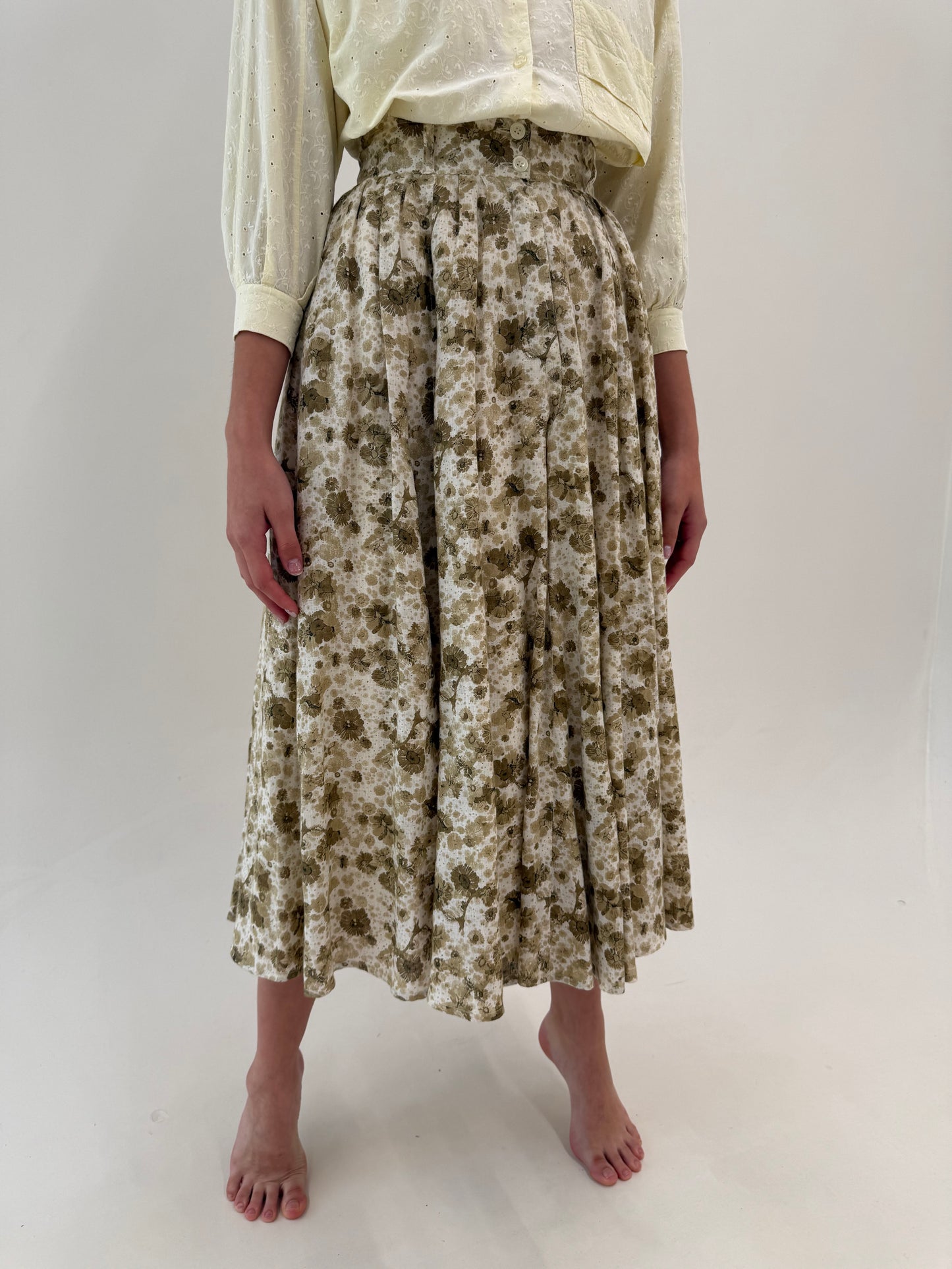Fustă vintage maxi ultra amplă ivorie cu print floral delicat interior și exterior din in