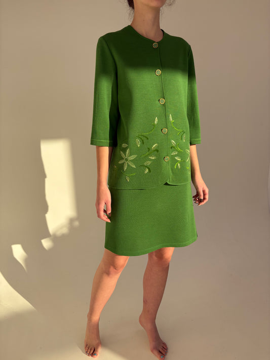 Set vintage verde din tricot dens de lana extrafina cu broderie