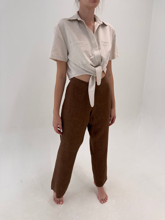 Pantaloni tall chocolate brown italienești din in premium în croi evazat