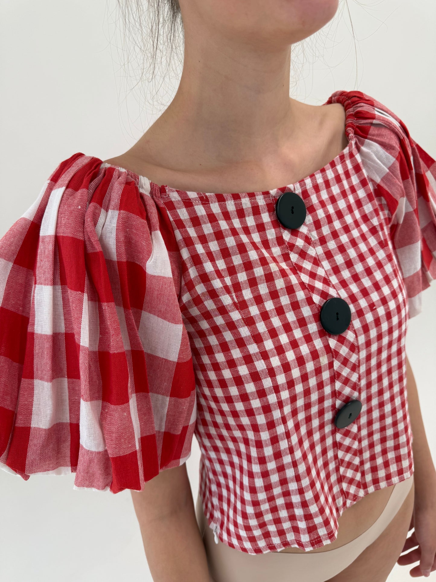 Corsaj vintage gingham cu mâneci bufante din pânză excepțională de in