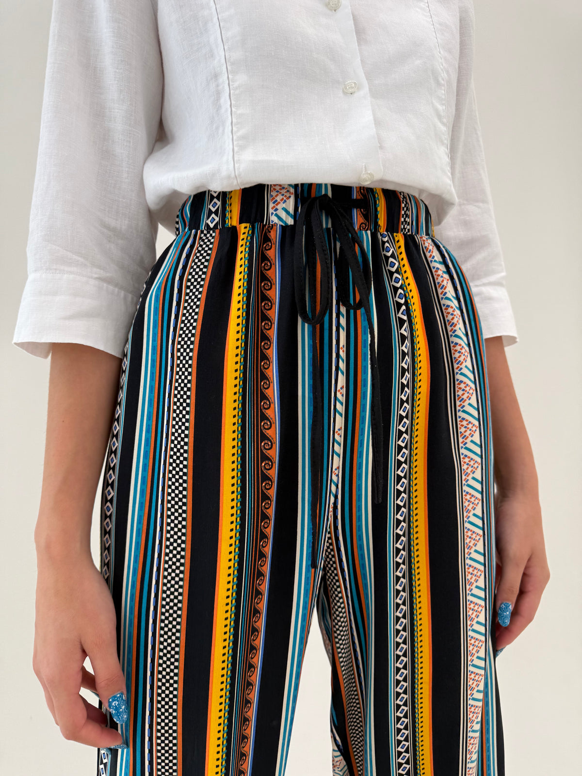 Pantaloni baloon petite capri cu talie ultra înaltă elastică vaporoși în dungi