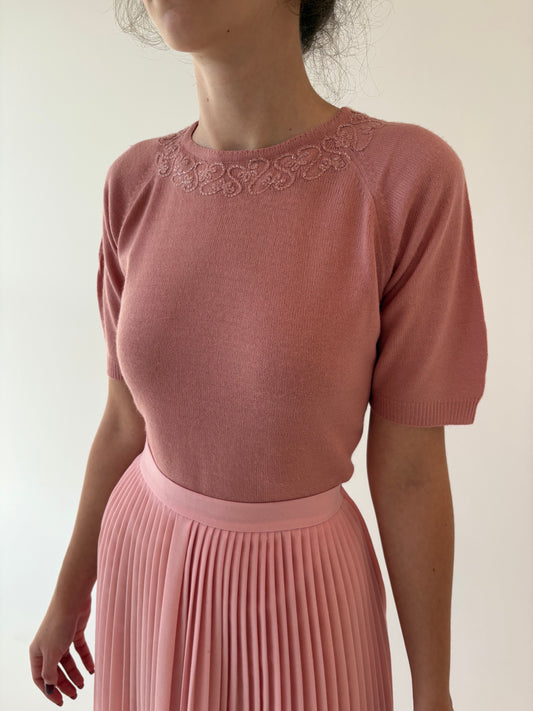 Top powder pink din lana extrafina cu lucrătură manuală