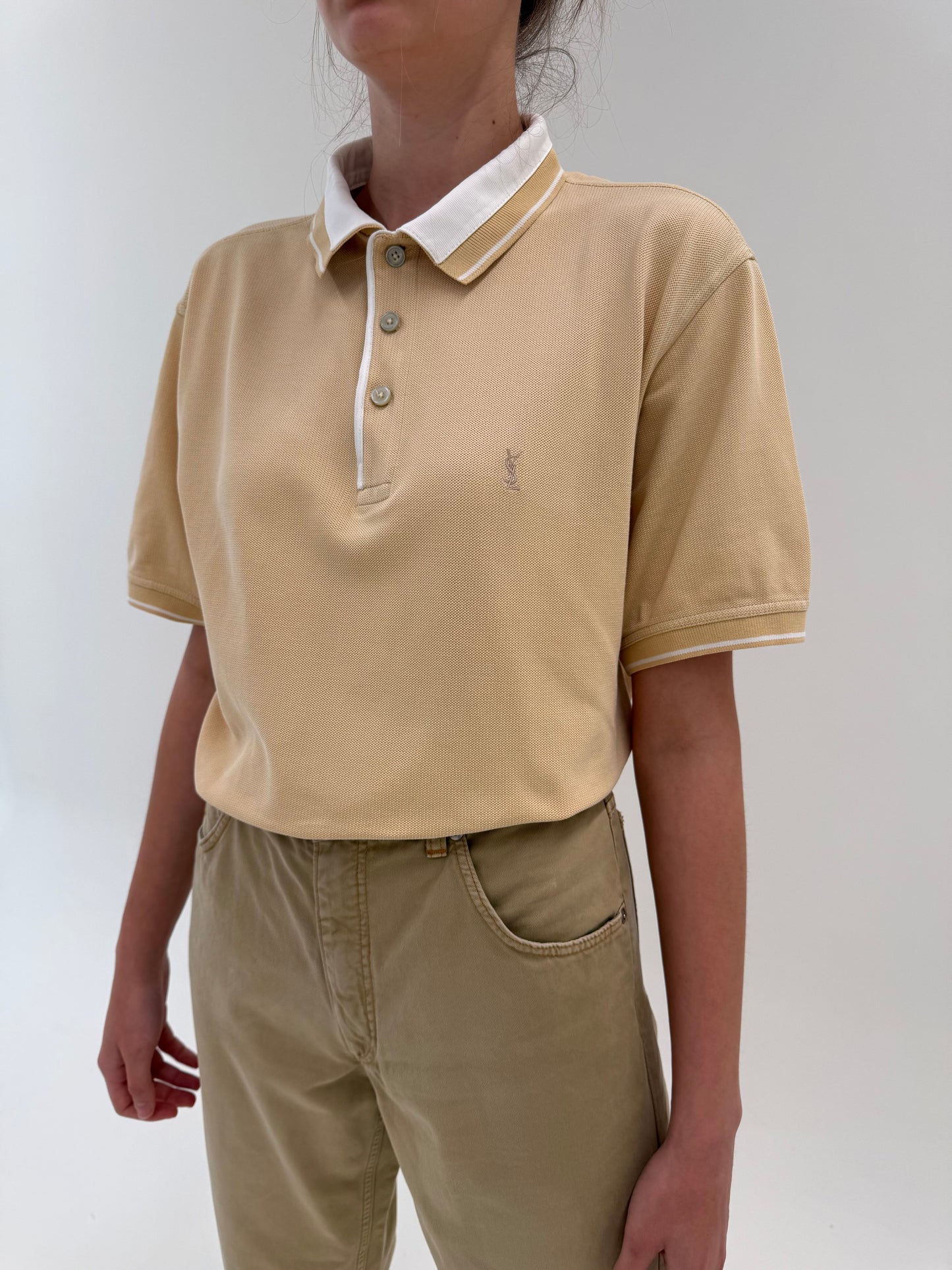 Top polo camel Yves Saint Laurent din bumbac texturat