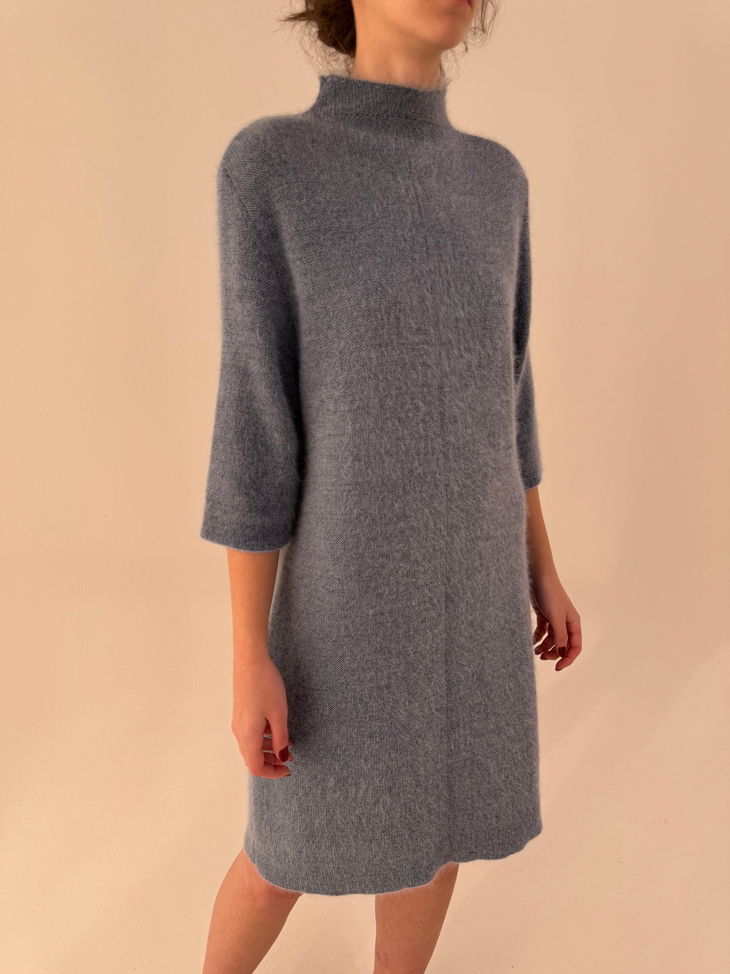 Rochie baby blue italiană din tricot texturat melanj în croi minimalist