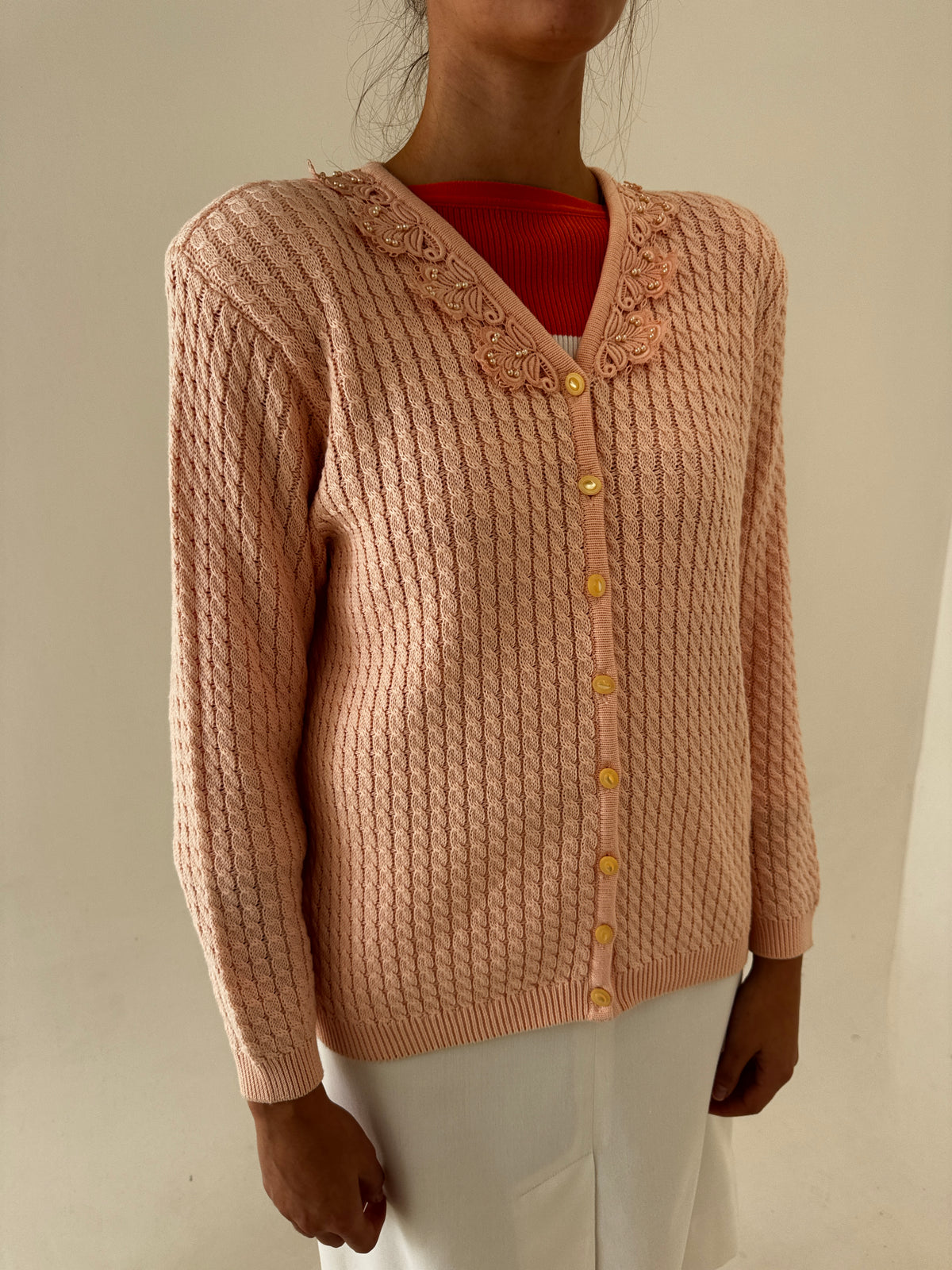 Cardigan vintage powder Pink din tricot gros excepțional de bun ca de gramaj mare