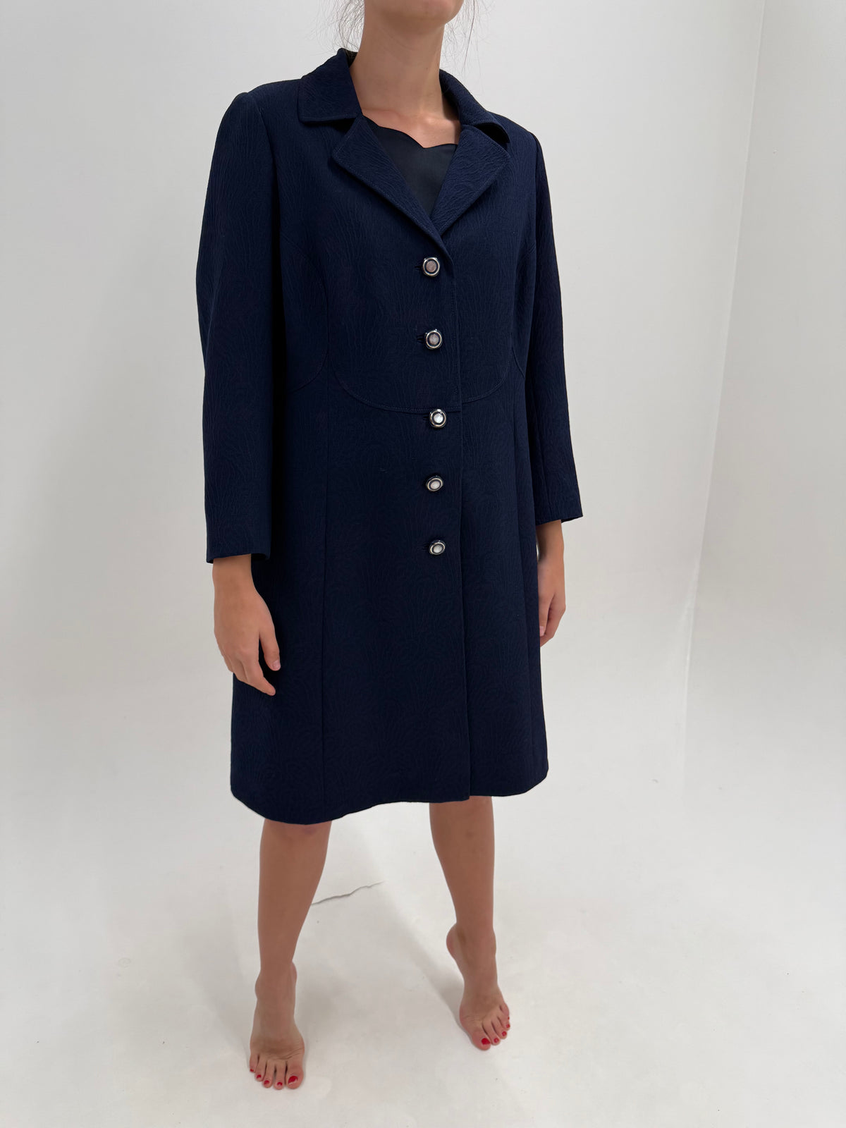 Palton de toamnă old vintage anii 60 din mix de lana extrafina brocart Navy blue
