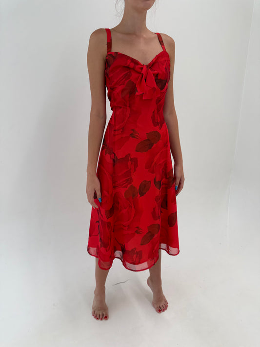 Rochie Madeleine roșie cu print superb midi lung de la zi la seară
