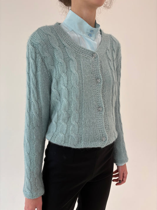 Cardigan vintage cu torsade dusty baby blue din baby mohair