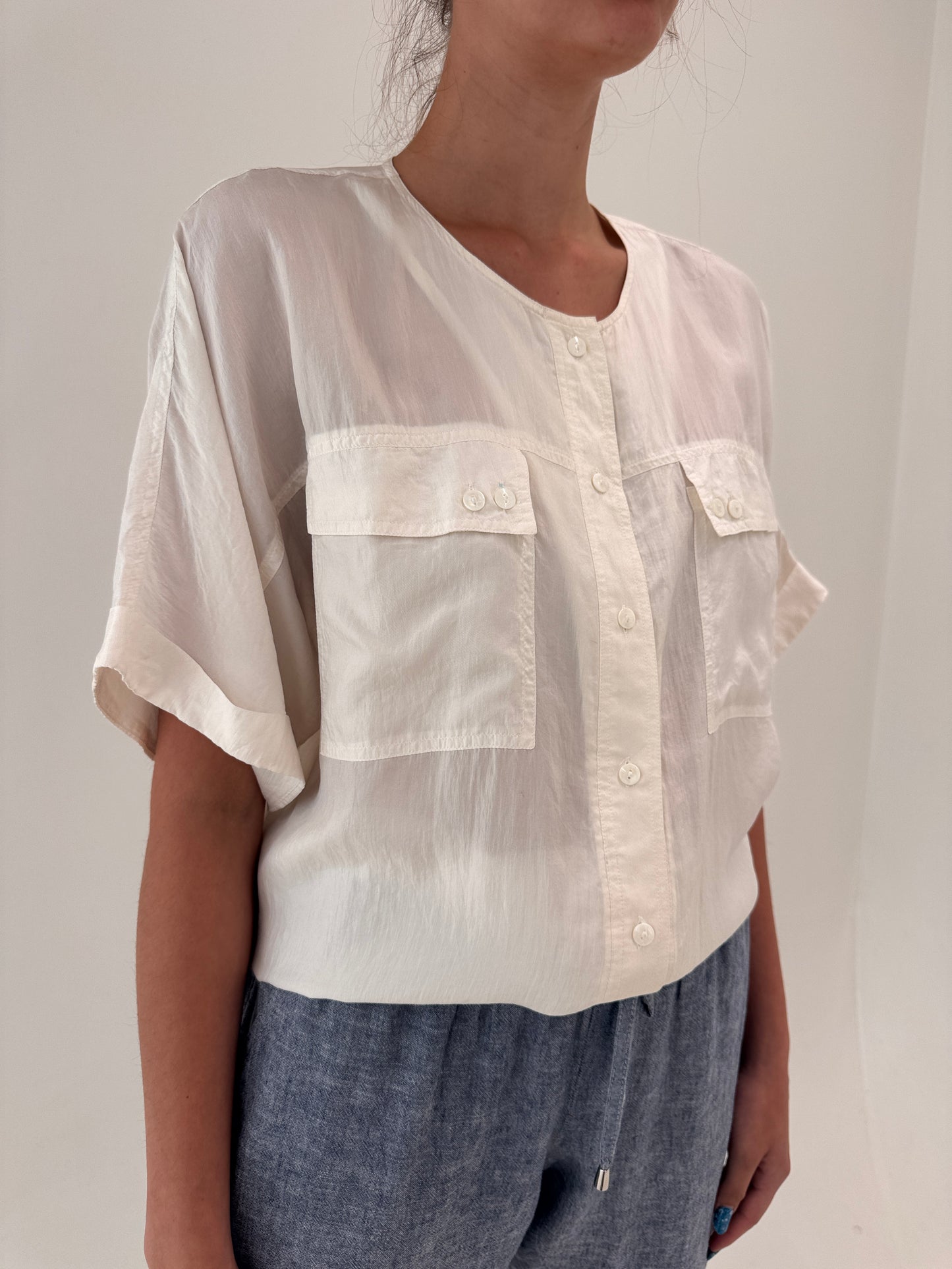 Tricou din mătase naturală în croi retro modern butter white