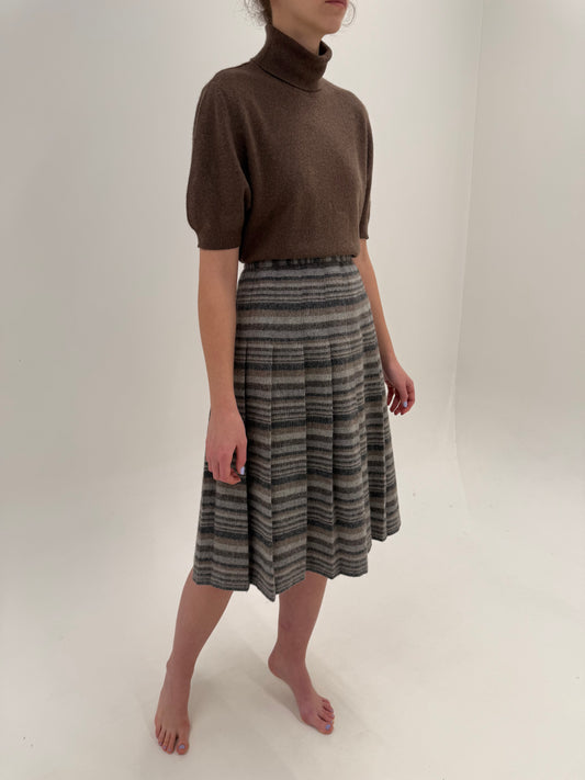 Fustă plisată din tweed gros de lana în nuanțe neutre și talie ultra înaltă