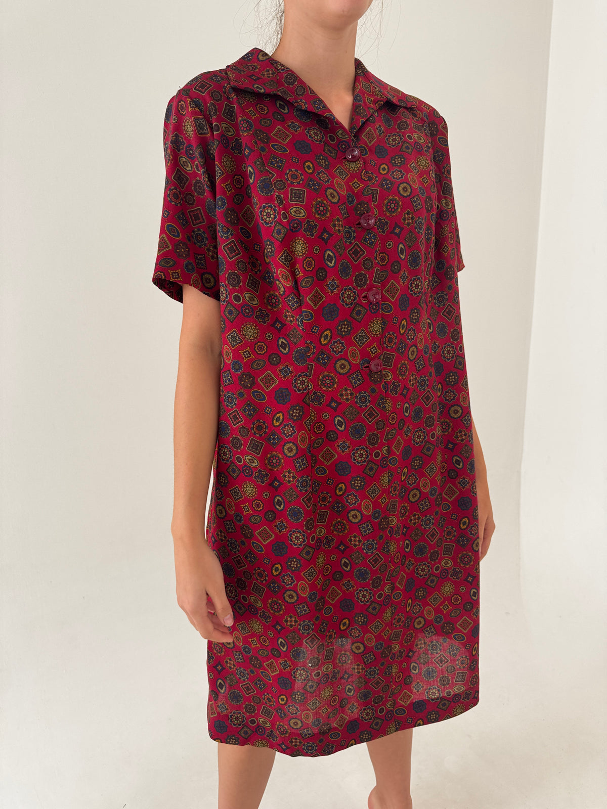 Rochie vintage burgundy din lana excepțională extrafina imprimată manual