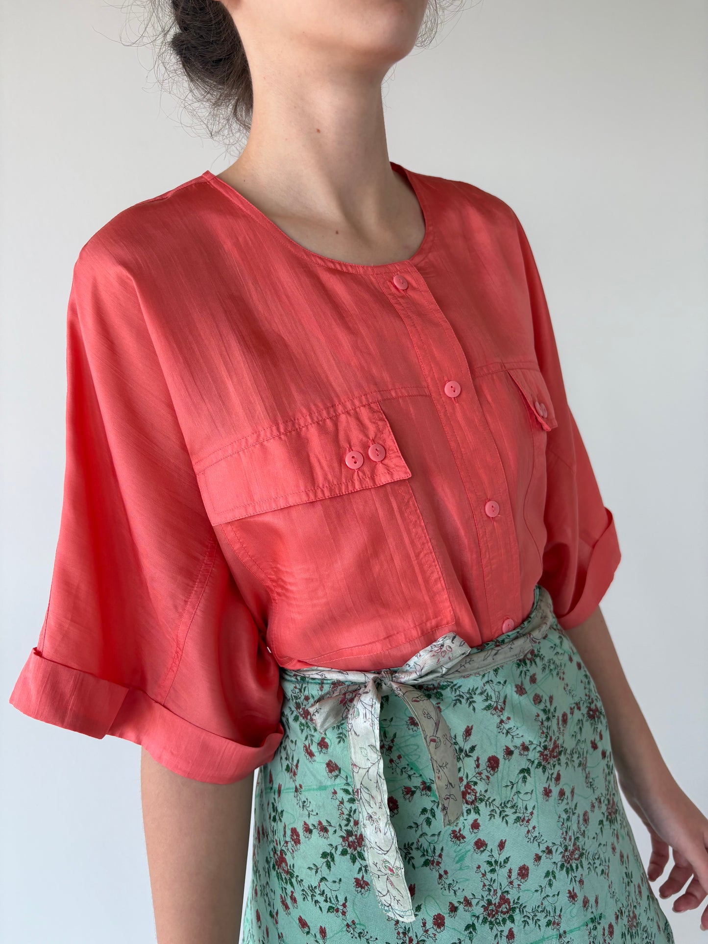 Cămașa vintage din mătase naturală coral red