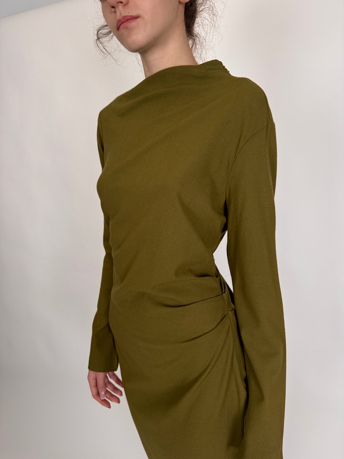Rochie kaki din lanita extrafina strech cu fronseu