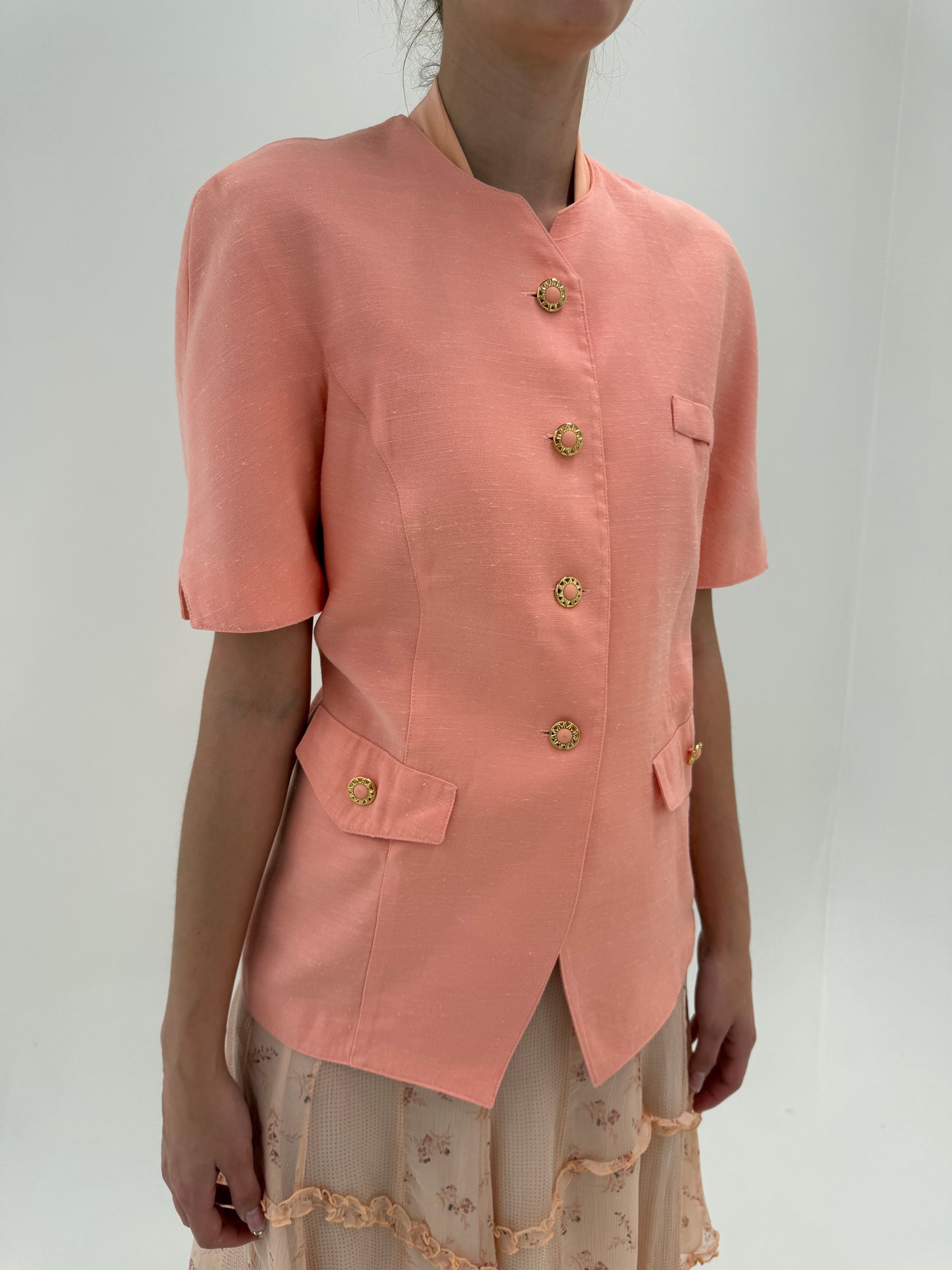 Sacou vintage salmon Pink din pânză de in cu nasturi bijuterie