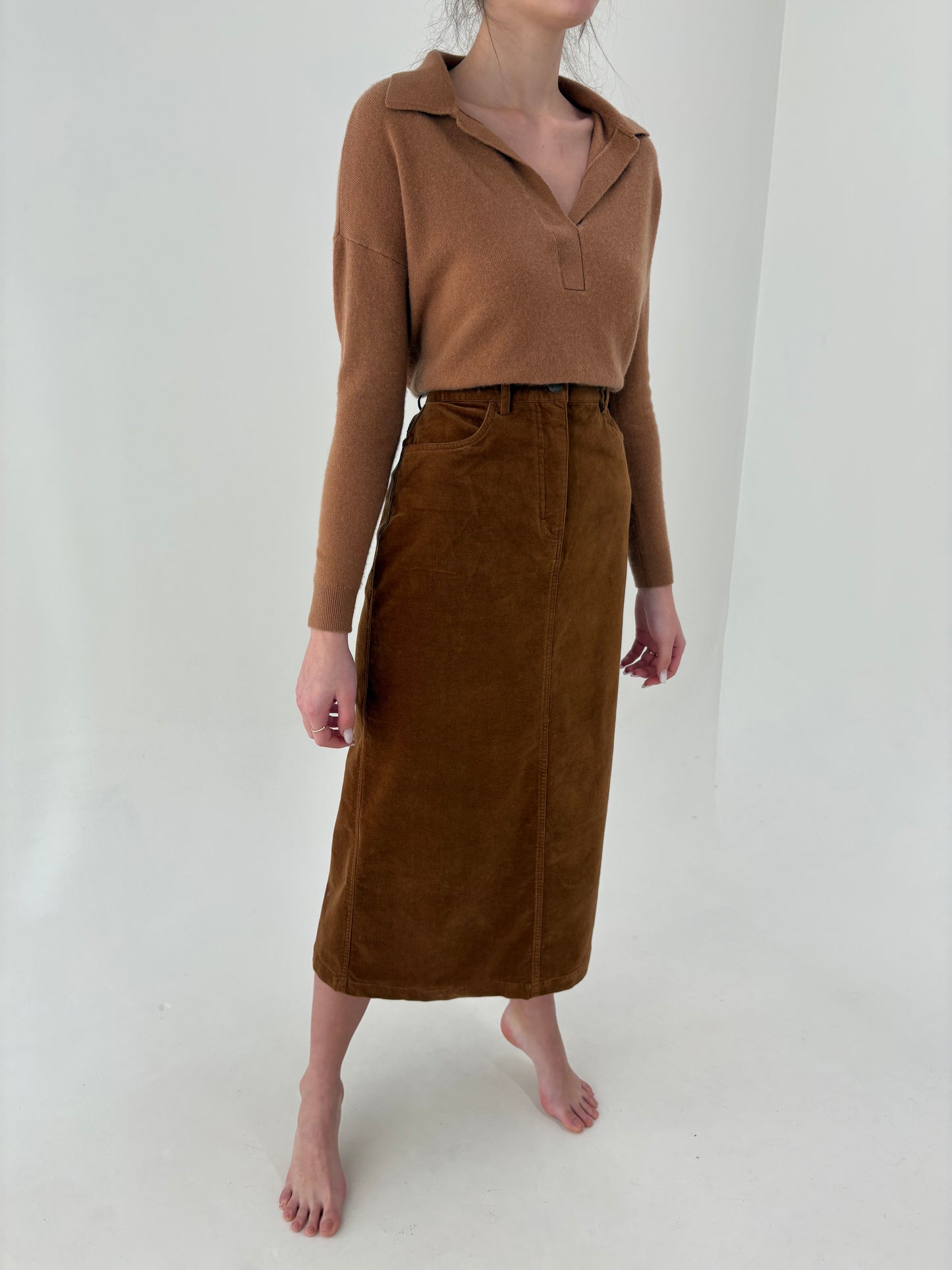 Fustă caramel brown maxi cu talie uktra înaltă din catifea confort