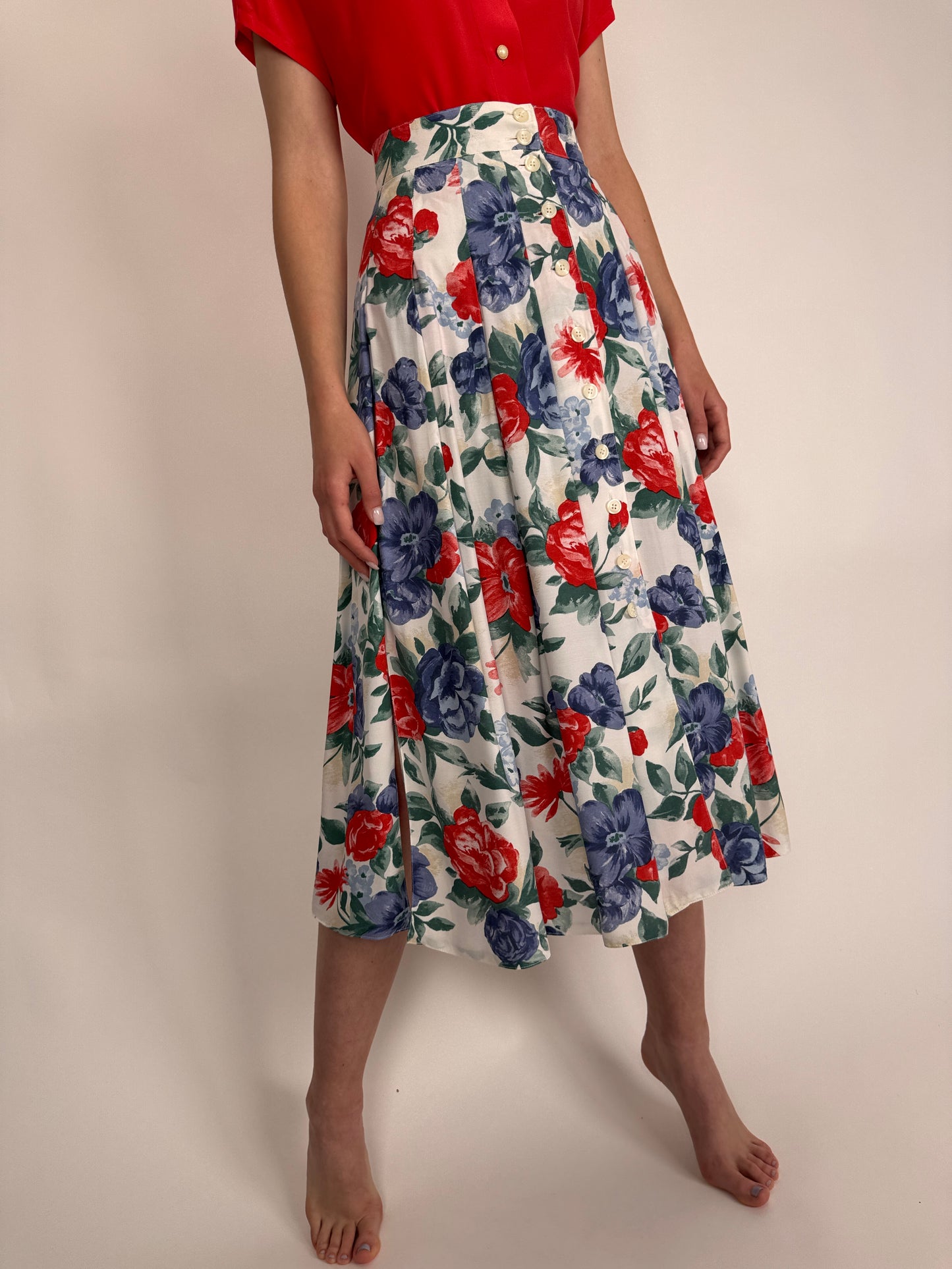 Fustă vintage cu talie ultra înaltă marcată și print floral superb