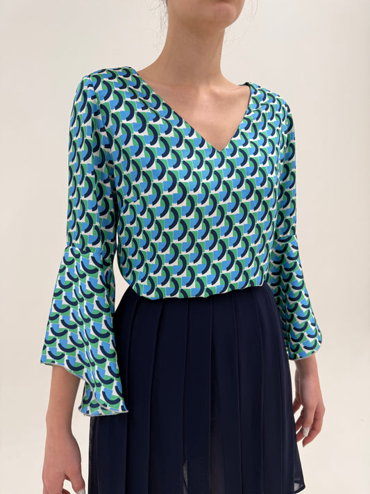 Cămașa Chloe din twill de mătase naturală cu print geometric