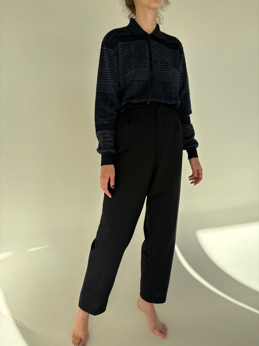 Pantaloni tall Navy cu talie ultra înaltă și pense din lana extrafina