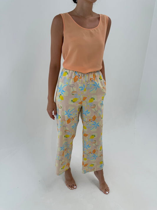 Pantaloni din in nude cu imprimeu și talie ultra înaltă elastică