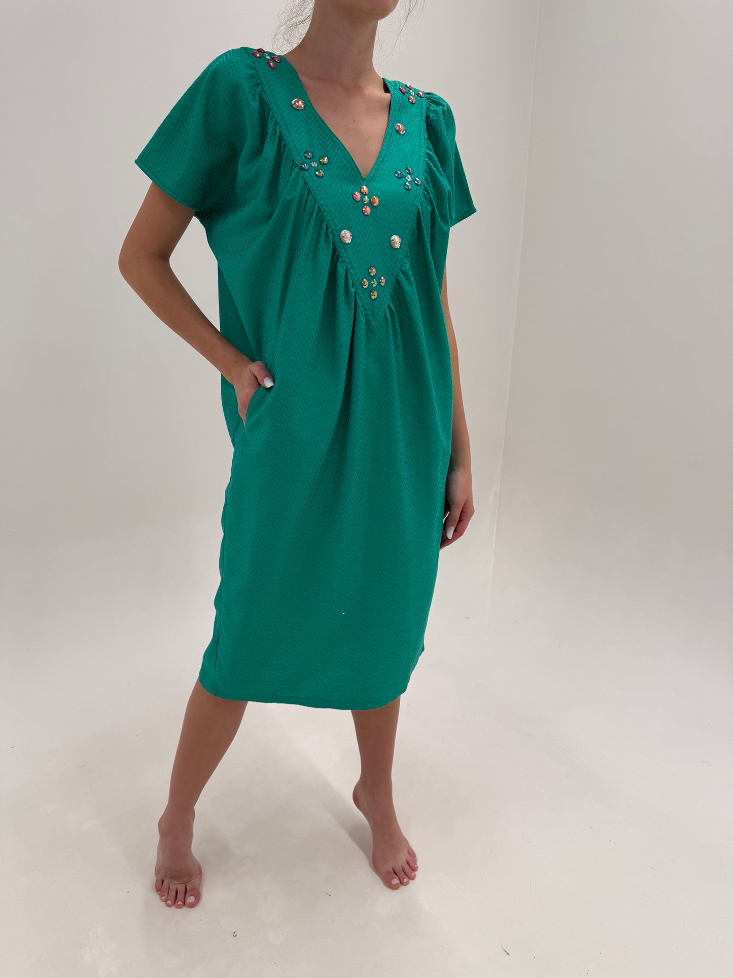 Rochie vintage emerald green cu aplicații manuale din pânză luxury