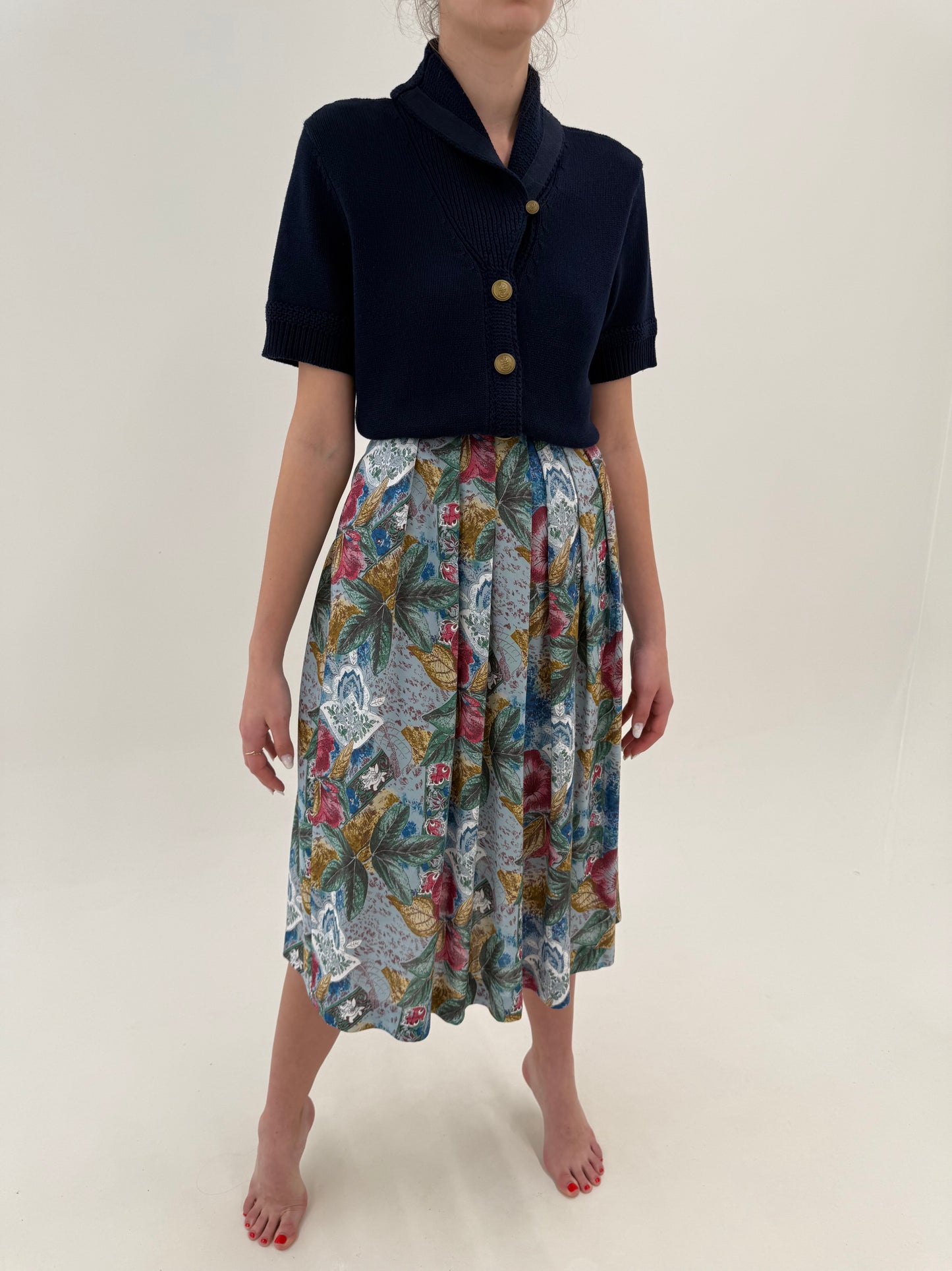Fusta vintage baby blue plisata cu print și buzunare din panzica