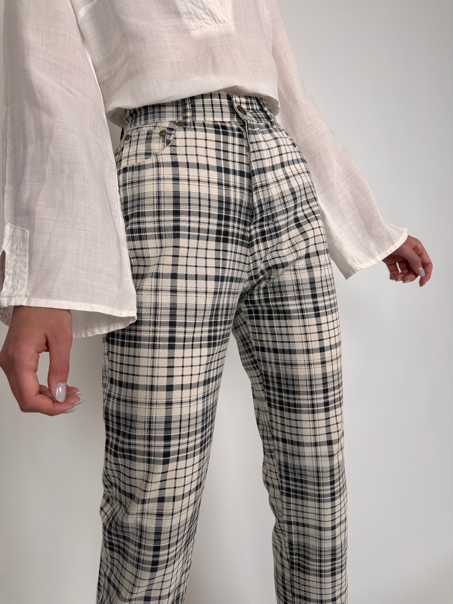 Pantaloni vintage în carouri cu talie ultra înaltă din pânză