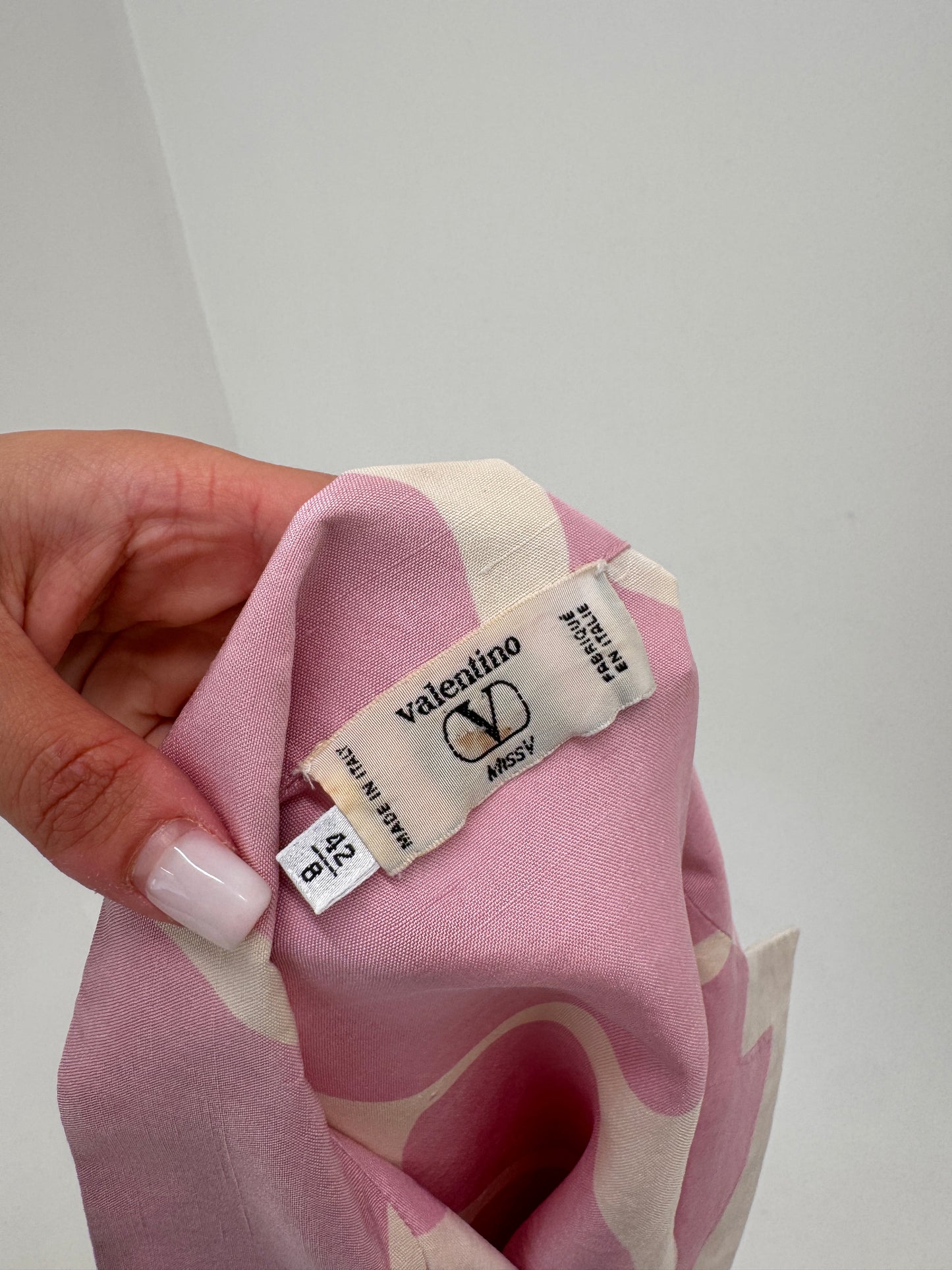 Costum Valentino vintage din pânză de mătase naturală cu print powder Pink