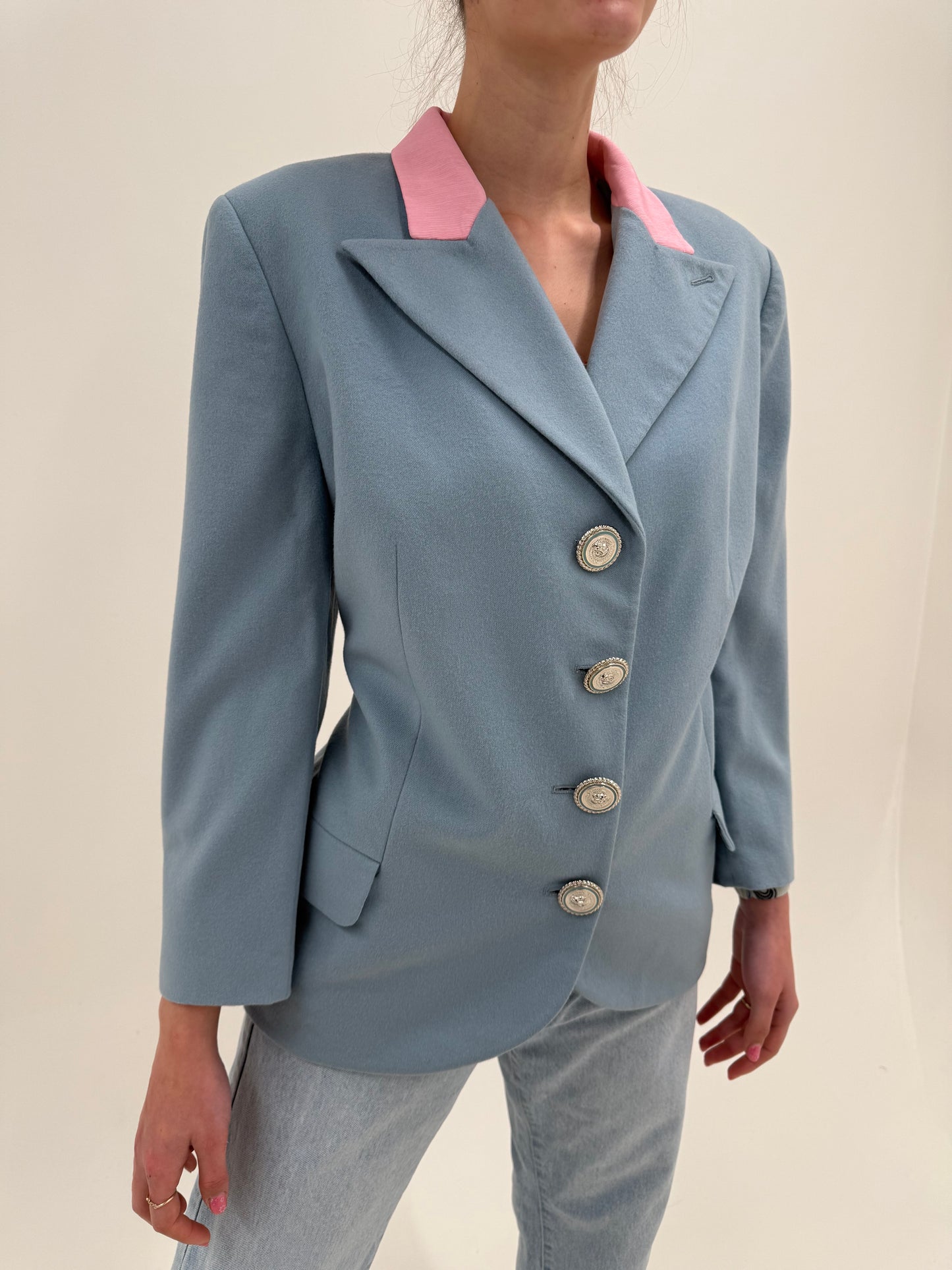 Sacou Versace vintage baby blue din lana și cașmir cu mătase naturală powder Pink