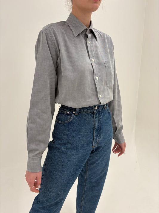 Cămașa old vintage Burberry anii 80-90 silver gray din poplin Chevron