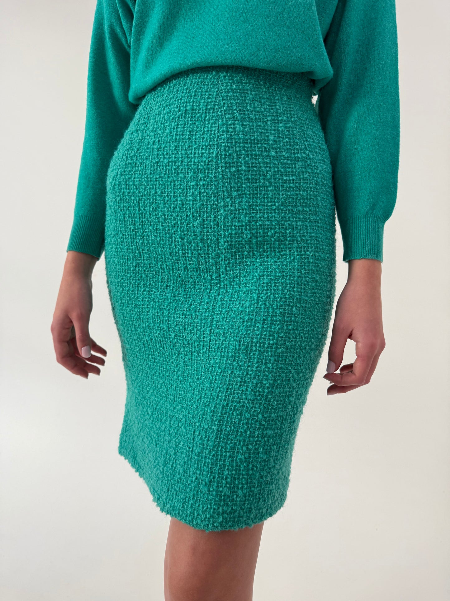 Fustă în stil Chanel teal green din boucle de lana