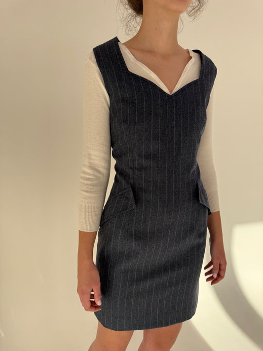 Rochie din stofă de lana extrafina jeans blue cu dungi fine verticale