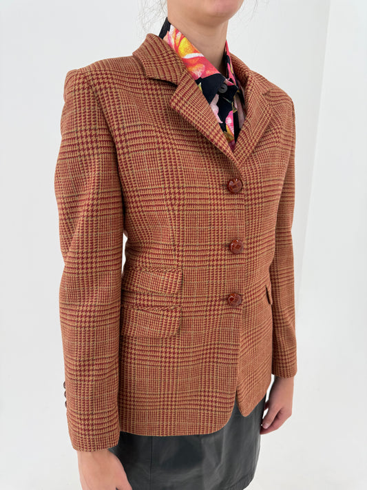 Sacou camel din tweed pied de coq burgundy din lana virgină în croi clasic