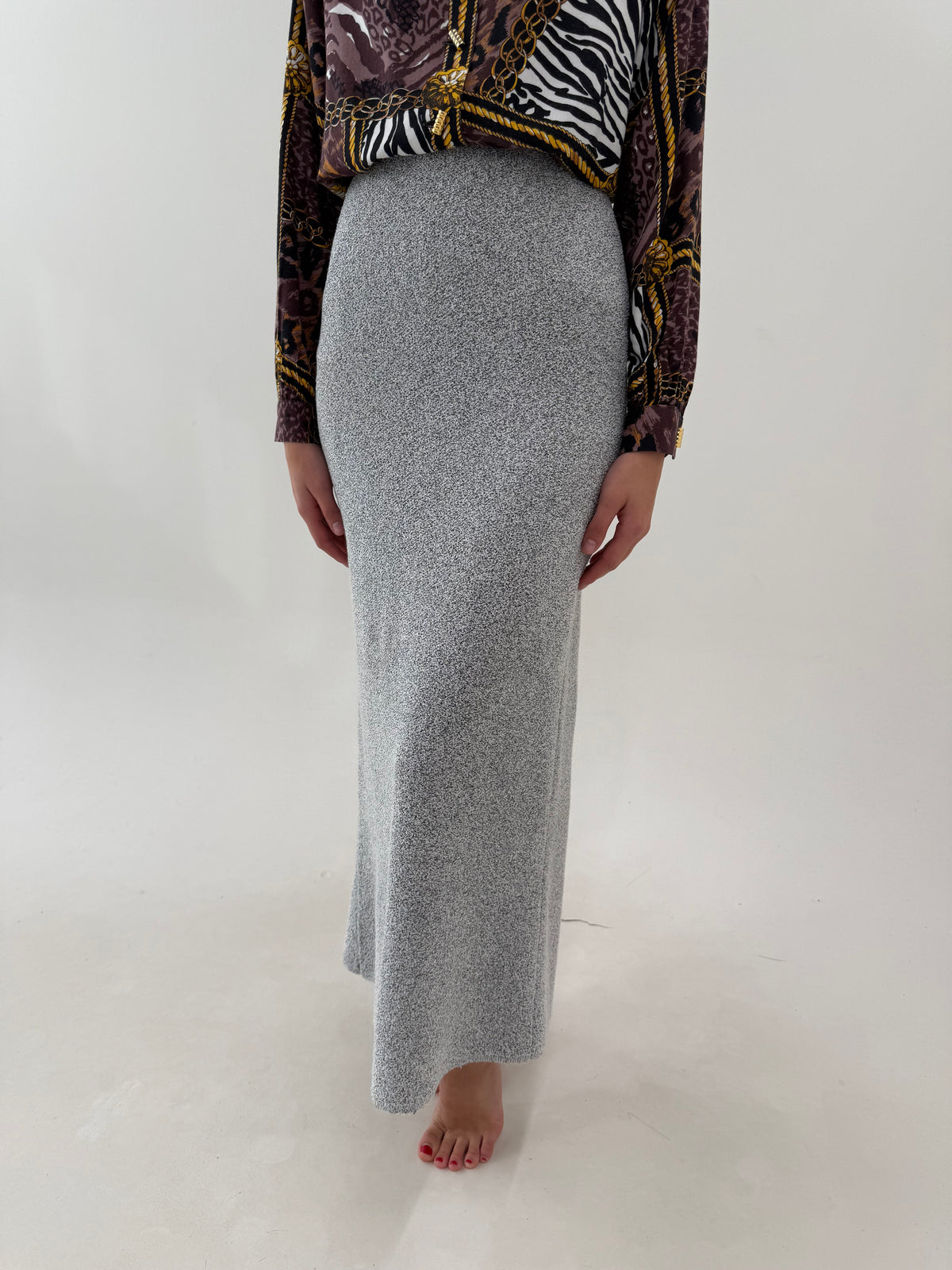 Fustă maxi tall din tricot gros texturat și over gray melanj de bumbac