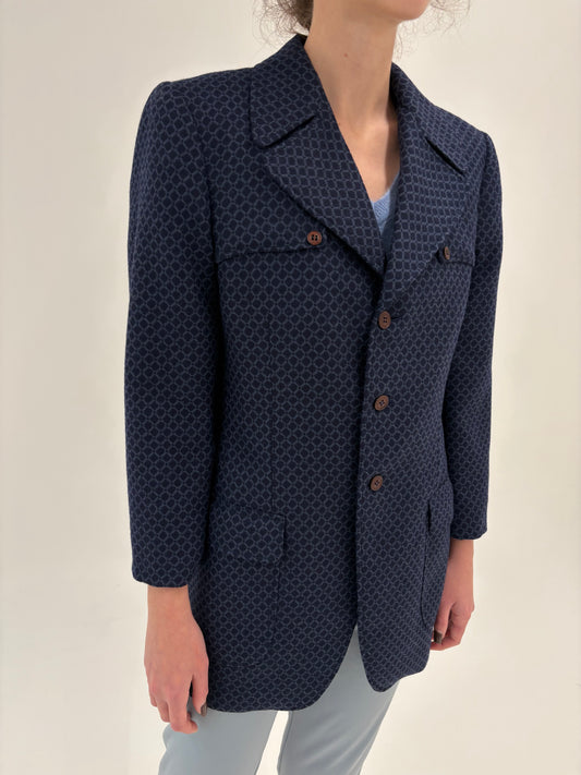 Sacou petite old vintage anii 70 din jacquard de lana structurat navy blue