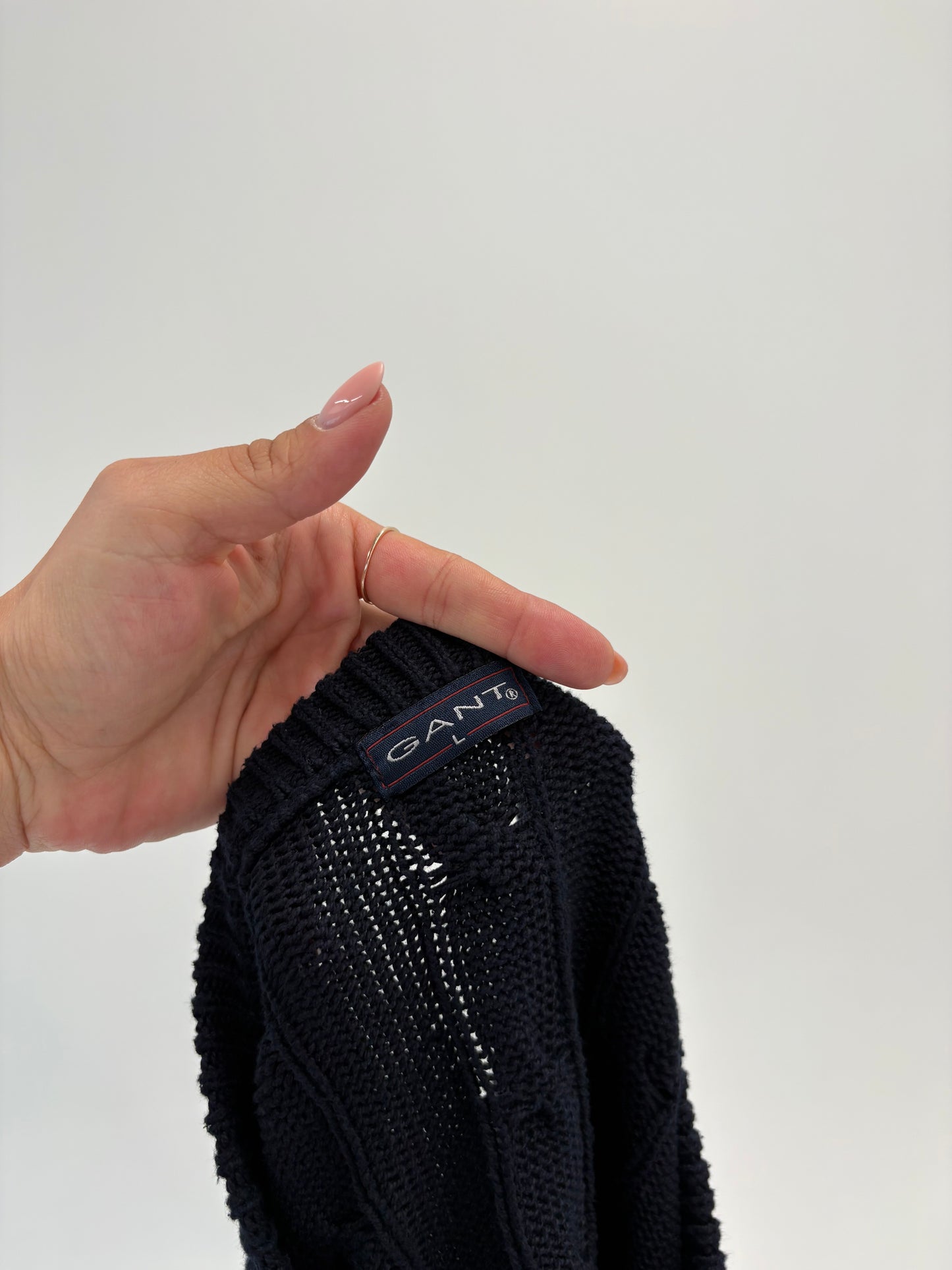 Pulover tall Gant dark Navy din bumbac de gramaj mare cu torsade