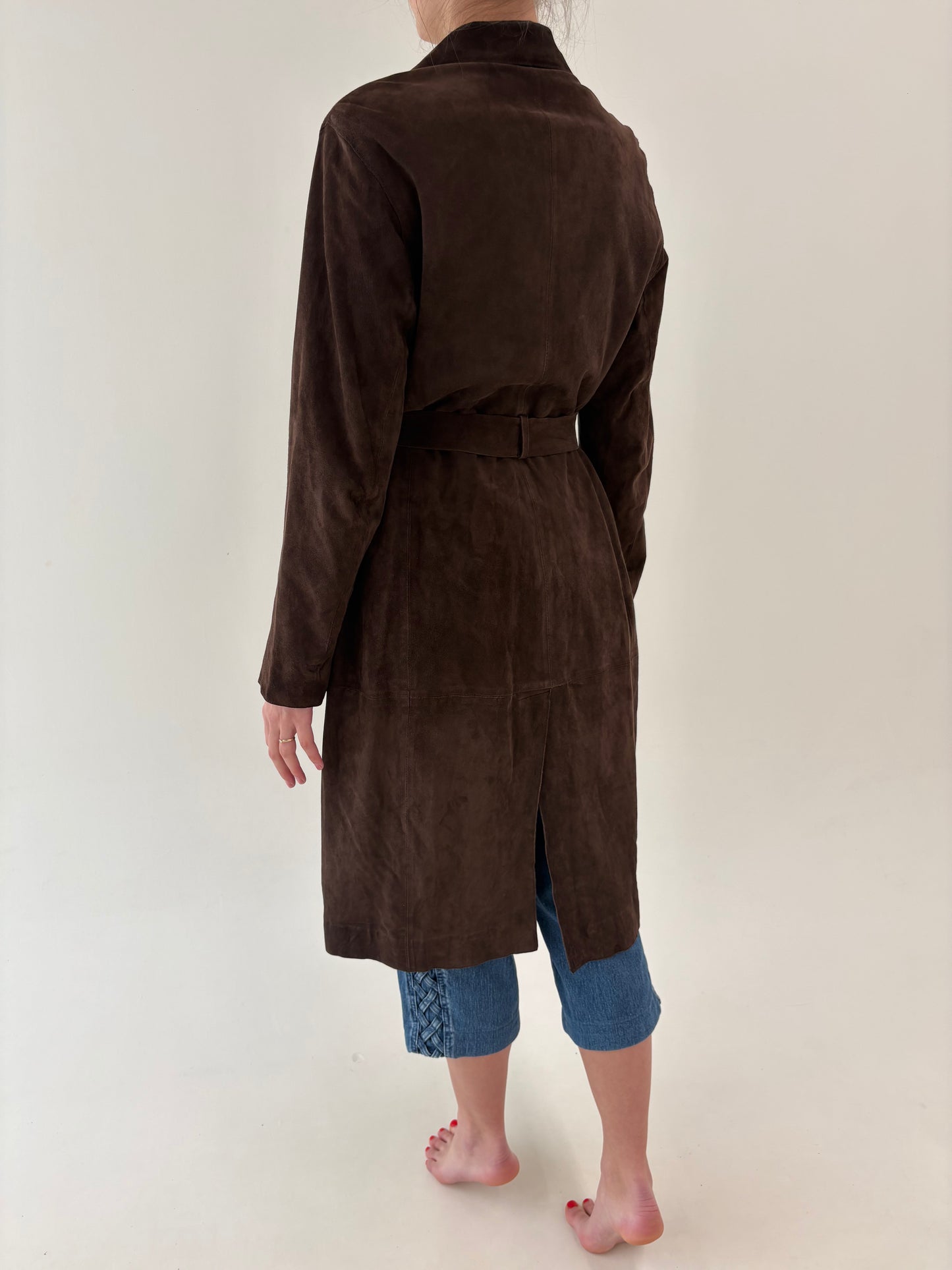 Trench chocolate brown tall din cel mai fin suede subțire cu talie reglabilă