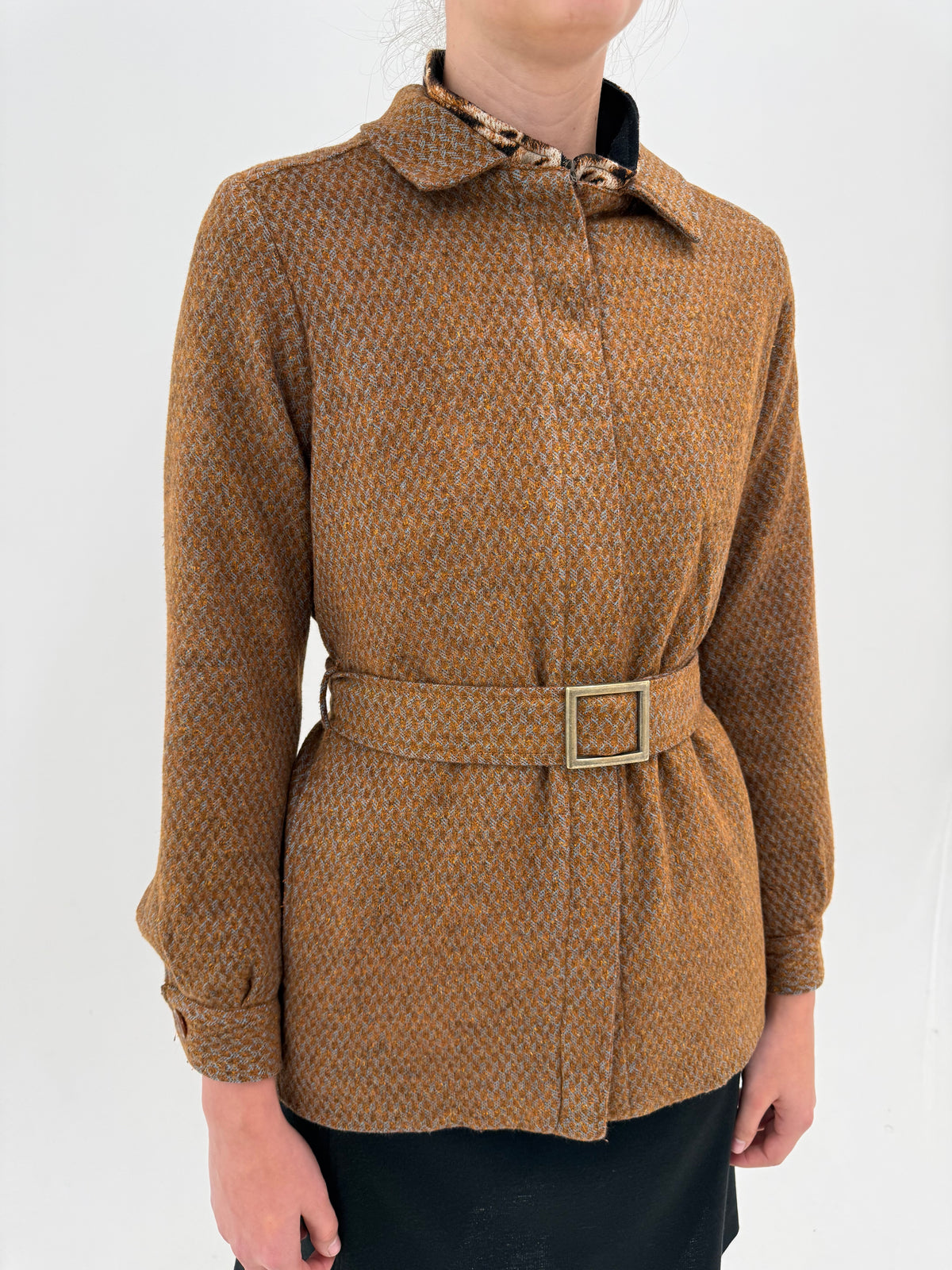 Jacheta vintage din tweed excepțional baby blue și caramel și interior din mătase naturală