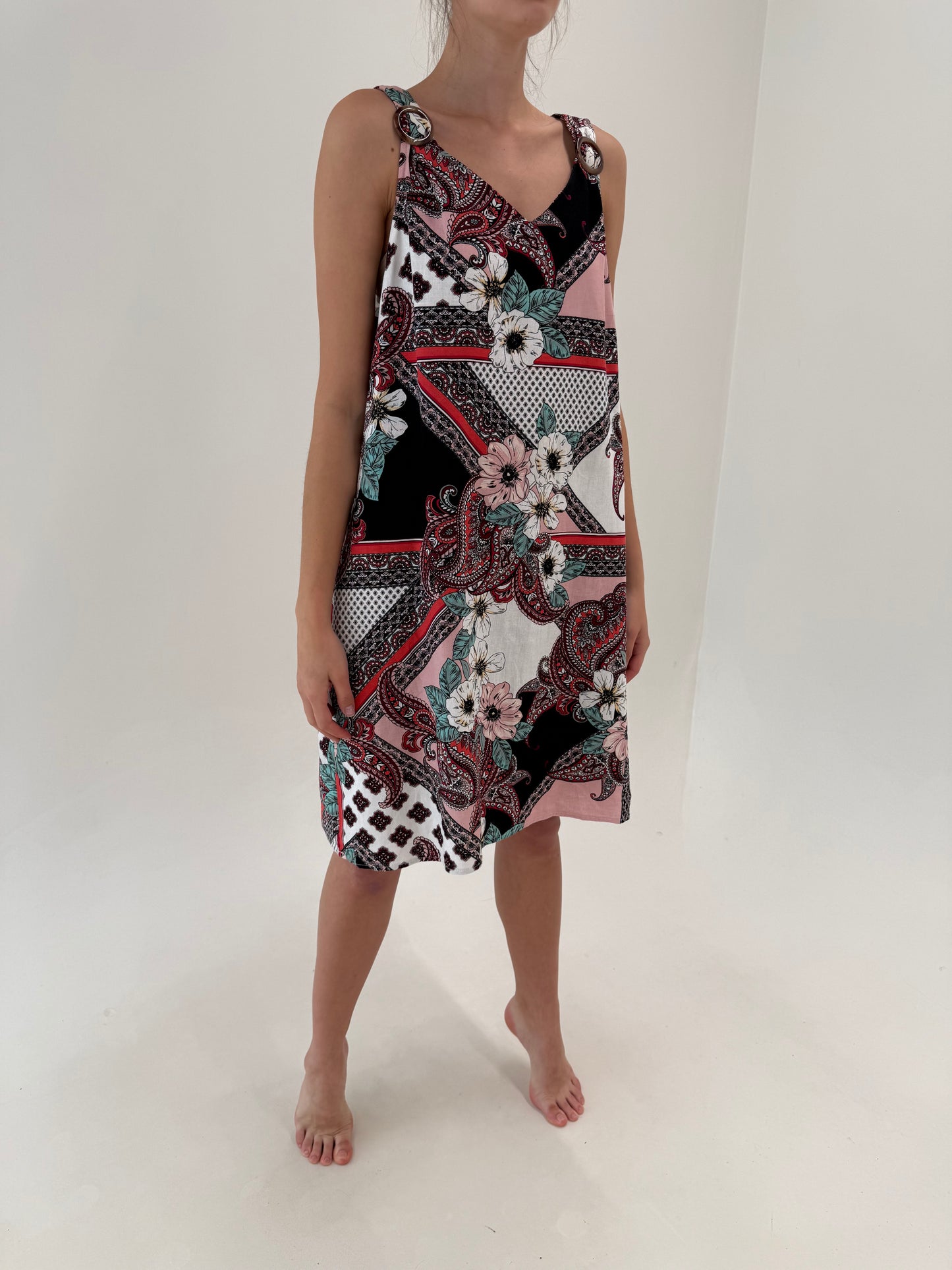 Rochie din panza de in cu print paisley și buzunare