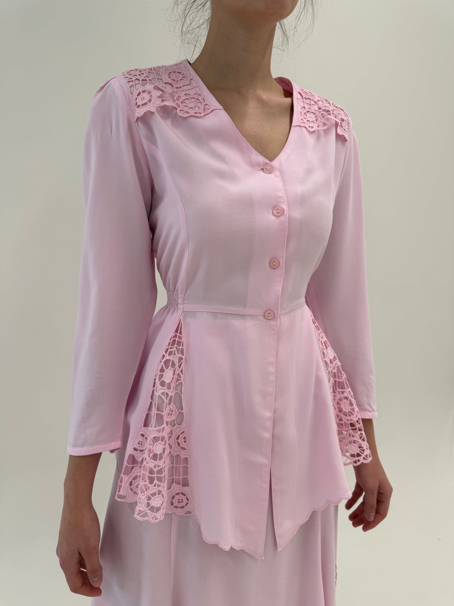 Set vintage powder Pink cu inserții de dantelă macrame și talie marcată elastică